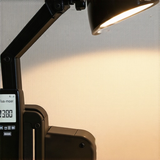 A hand holding a lux meter to measure ambient light in a workspace