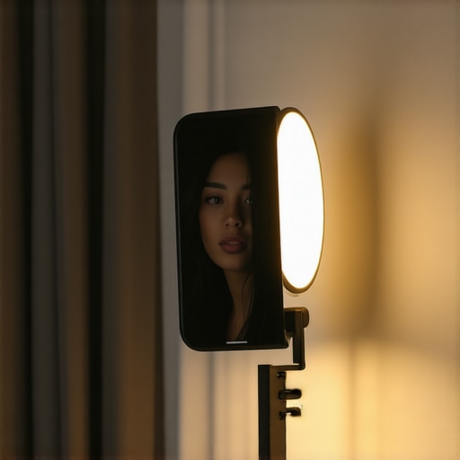 A well-lit desk workspace with adjustable lamp and diffuser enhancing natural skin tones during a video call.