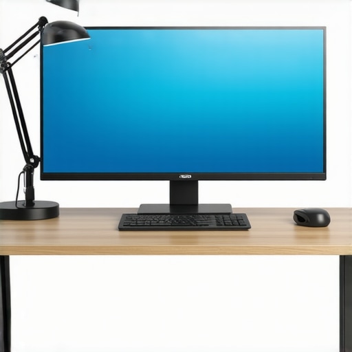 A well-lit modern workspace with adjustable LED desk lamp and bias lighting reducing screen glare