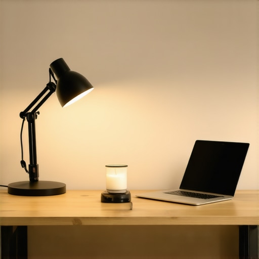 Modern workspace with desk lamp, ring light, and bias lighting for improved video conferencing