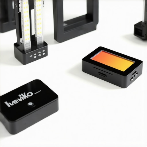 A modern workspace equipped with professional lighting calibration tools including a colorimeter and smart LED strips.