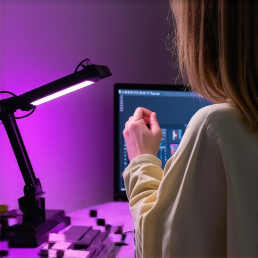 Person setting up LED desk lamp and bias lighting in a home office environment.