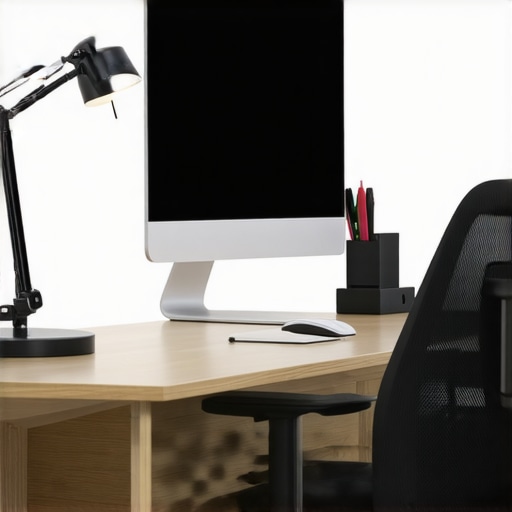 A neatly arranged workspace highlighting a dimmed desk lamp for optimal lighting