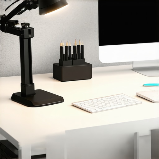 A workspace setup featuring high-quality LED lighting with control devices and calibration equipment.
