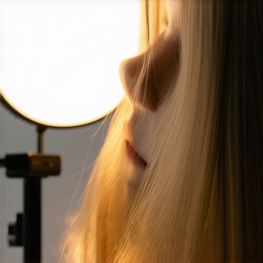 A person at their desk with ring light positioned above and tilted for natural skin tone rendering