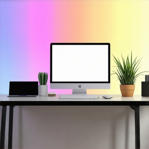 Modern workspace with strategic bias lighting reflecting off monitor and desk surfaces