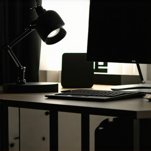 A clean desk setup featuring an adjustable LED desk lamp, bias lighting, and a ring light ready for video conference.