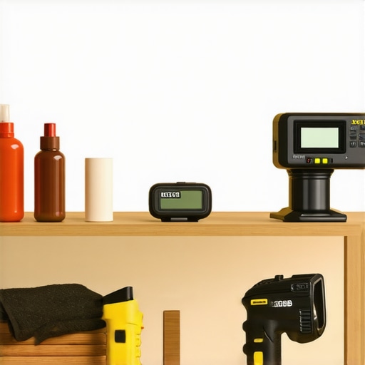 A desk with LED lamps, a light meter, and cleaning cloths for workspace lighting upkeep.