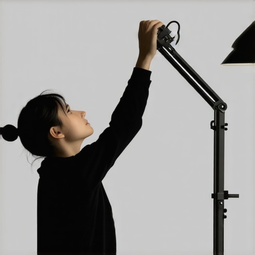 Person positioning a flexible desk lamp so that the light bounces off the ceiling in a minimalist home office.