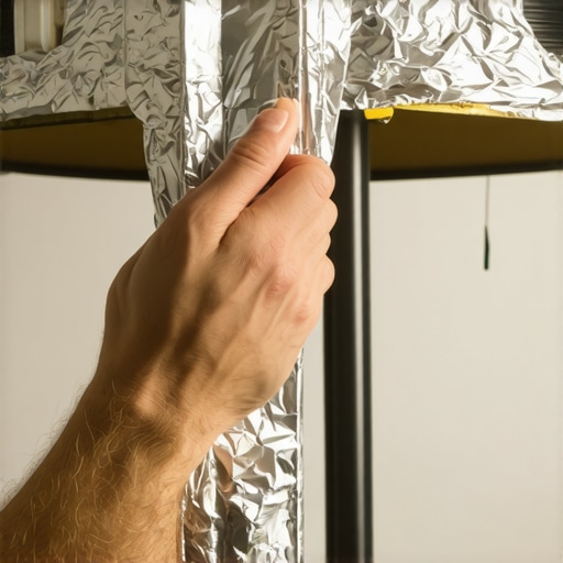 Person wrapping foil around a desk lamp to redirect spill light