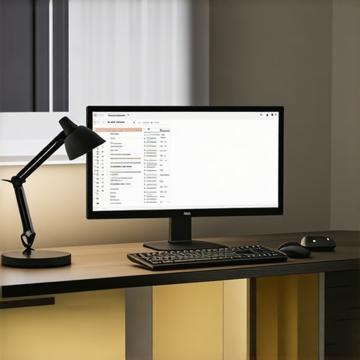 A modern desk setup showing well-positioned LED lamp, bias lighting behind monitor, and diffuse ambient lighting to reduce eye strain.
