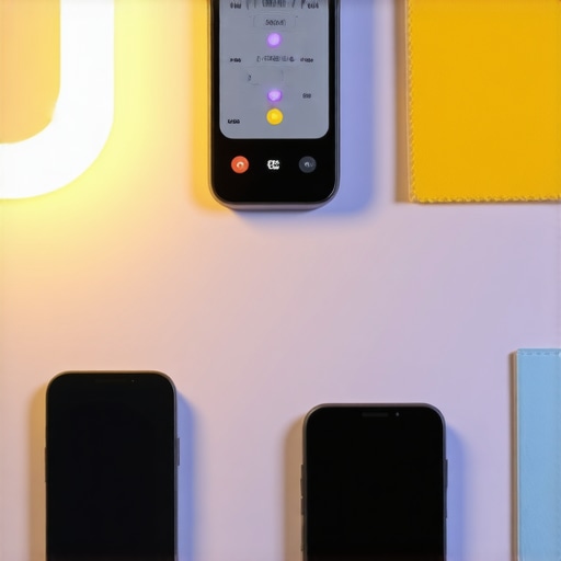 A person measuring workspace light levels with a lux meter and adjusting settings on a smart lighting app.