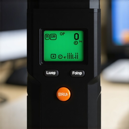 A digital lux meter held against a desk LED light indicating brightness levels.