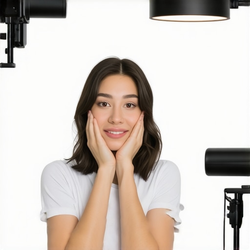 Person adjusting ring light and desk lamp to improve video call lighting