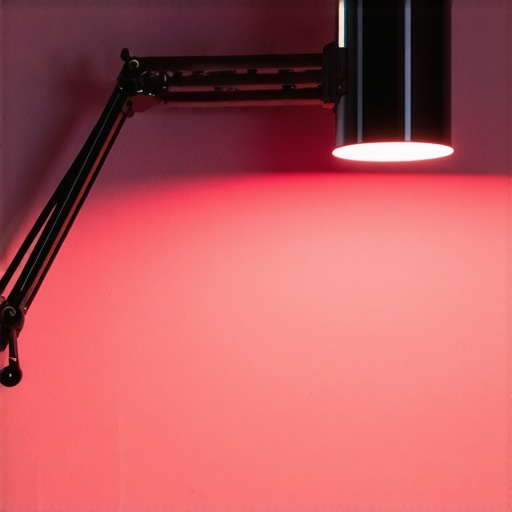 A desk with an adjustable LED lamp directing light toward the wall, creating diffused illumination for a workspace