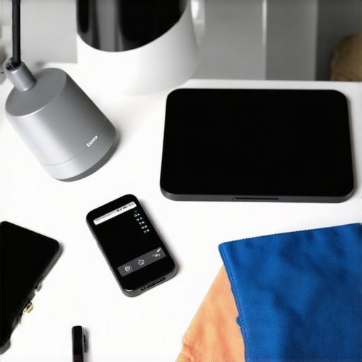 Workspace with Maintenance Tools for Lighting Modern workspace showcasing tools like lux meter, cleaning cloth, and smart LED lamp for lighting maintenance.